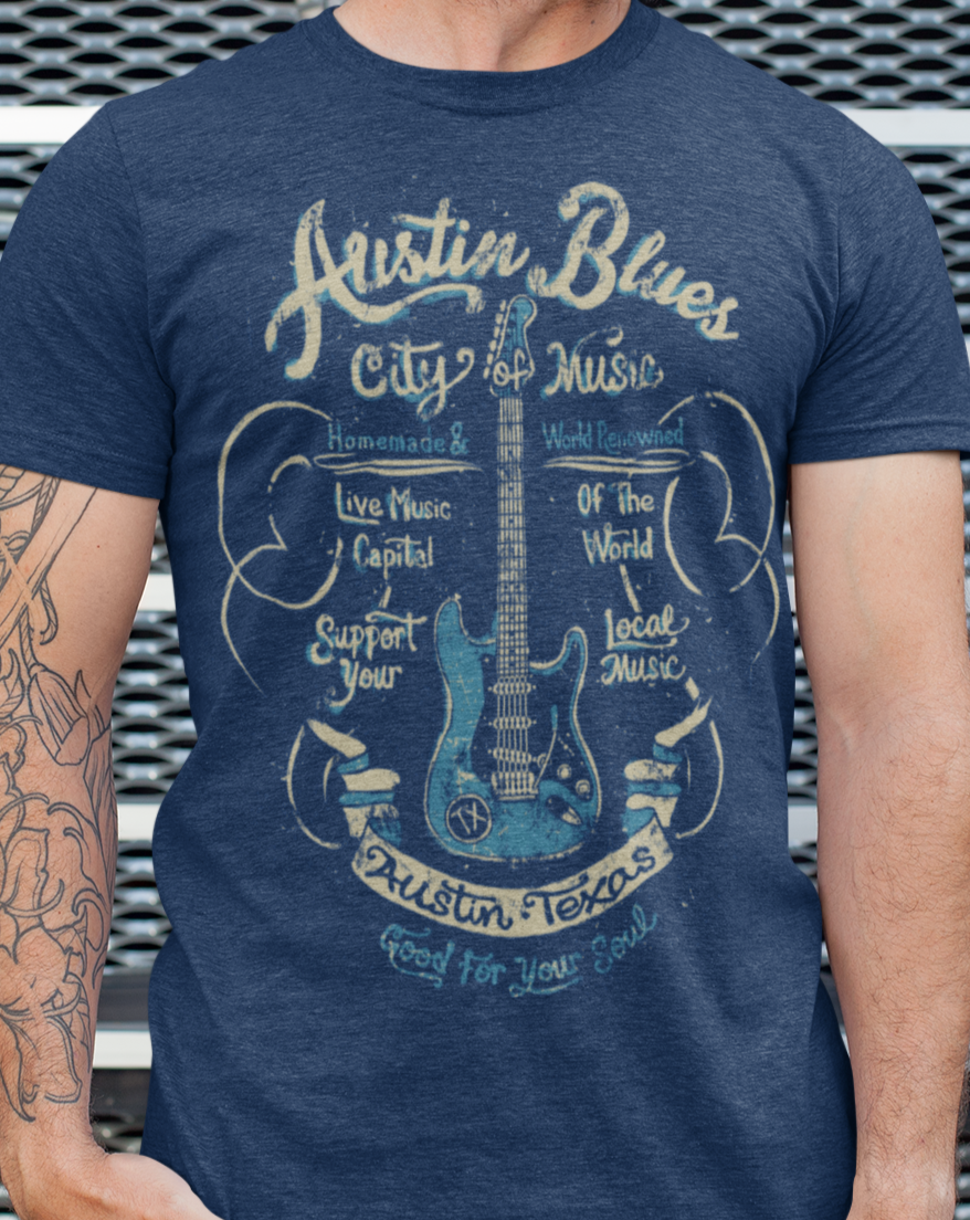 Man wearing the Austin Blues City Music T-Shirt