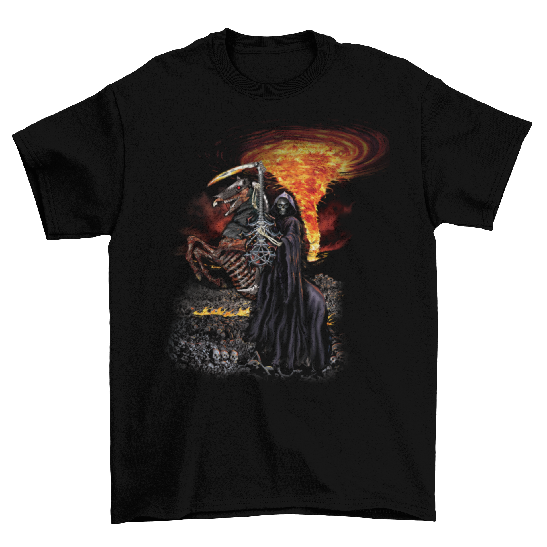 Msstzblkfz T-Shirt - Skeleton Riding Horse w/ Reaper Guitar & Fire